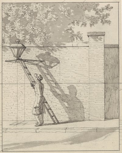 絵画に適用される線形遠近法 - プレート VI. 庭の壁の街路灯、日光 作： Christoffer Wilhelm Eckersberg