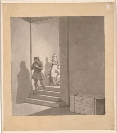 階段を降りる途中の男性、背景に女性と子供 作： Christoffer Wilhelm Eckersberg