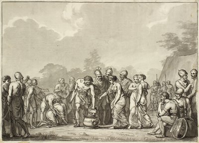 マッサージの女王であるトミュリスがサイラスの頭を血の入った桶に投げ込む 作： Christoffer Wilhelm Eckersberg