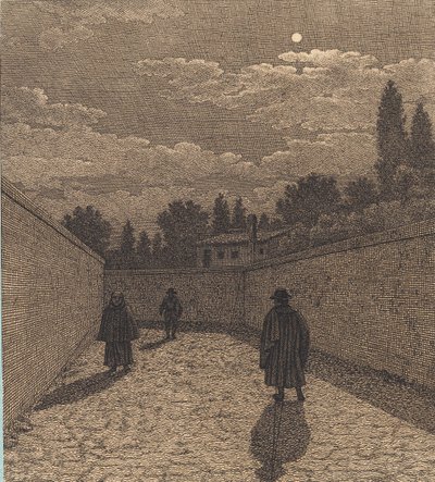 3 人の人物がいる道路上の月明かり。 「線遠近法」のイラスト、プレート IV 作： Christoffer Wilhelm Eckersberg