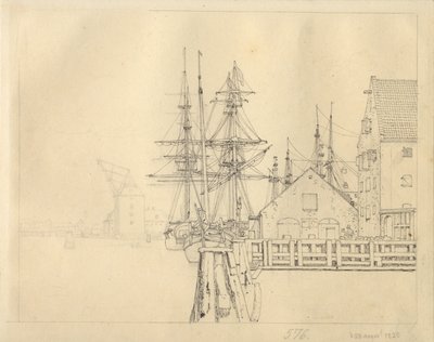 マステクランのクリスチャンハウンにある造船所の 1 つを背景に撮影。 作： Christoffer Wilhelm Eckersberg