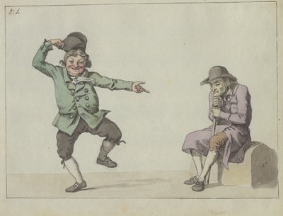 風刺雑誌。 座っている老人を指差しながらジャンプして笑う男性 作： Christoffer Wilhelm Eckersberg