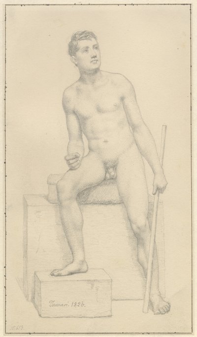座っている裸の男性モデル。 作： Christoffer Wilhelm Eckersberg