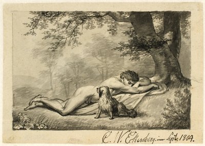壁のそばで裸で眠る少年 作： Christoffer Wilhelm Eckersberg