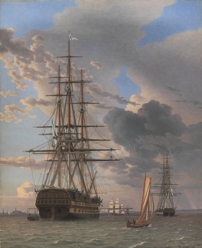 ロシアの戦列艦「アソウ」とエルシノア近くの錨泊中のフリゲート艦 作： Christoffer Wilhelm Eckersberg