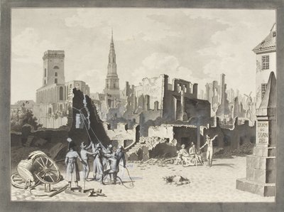 1807 年 9 月のイギリス軍の砲撃の後、ウルフェルト広場、現在はグローブロダートルフと呼ばれる 作： Christoffer Wilhelm Eckersberg