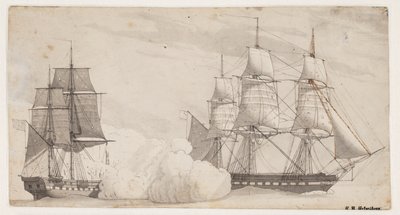 戦闘中の 2 隻の軍艦 (イギリスのフリゲート艦シャノンとアメリカのフリゲート艦チェサピーク?) 作： Christoffer Wilhelm Eckersberg