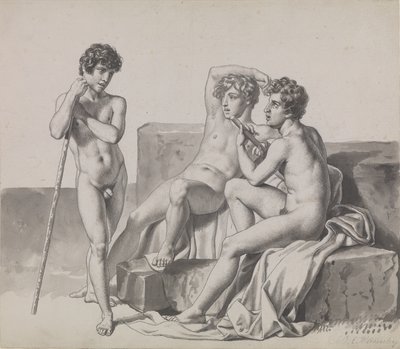 石のブロックの間に立っているか座っている 3 人の若い裸の男の子。 作： Christoffer Wilhelm Eckersberg