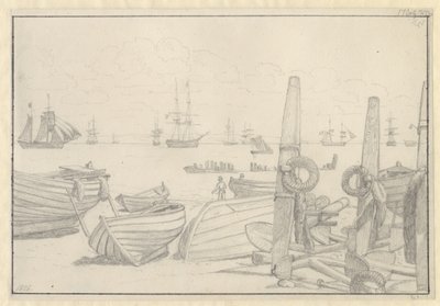Helsingør の南のビーチから護衛船のブリッグ "Falster" を見る。 作： Christoffer Wilhelm Eckersberg