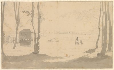 湖の眺め、左側に銭湯、中央には馬に水をやる騎手、前景は樹木が茂っている 作： Christoffer Wilhelm Eckersberg