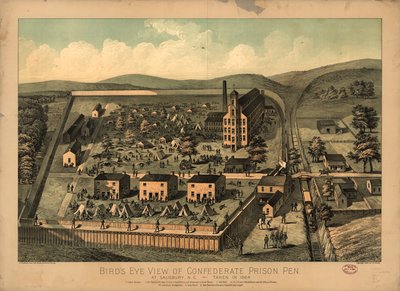 1864 年に撮影された、ノースカロライナ州ソールズベリーにある南軍の刑務所の鳥瞰図 作： C. A.; J.H. BuffordS Sons Lith Kraus