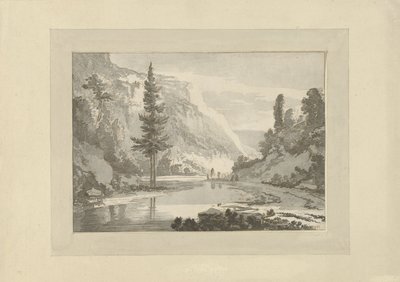 川岸に羊飼いがいる山の風景 作： C. Brouwer