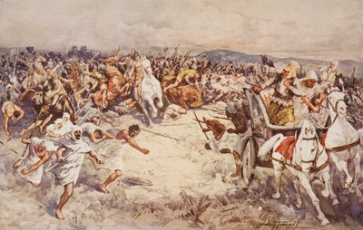 イッススの戦い、1920年に出版されたH.G.ウェルズの「歴史の概要」、第1巻のイラスト（カラーリソ） 作： C. Dudley (after) Tennant