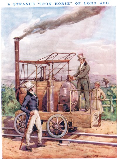 Outo "rautahevonen" kauan sitten, kuvitus "Newnesin kuvakirjasta" (väri litho) 作： C. Dudley Tennant