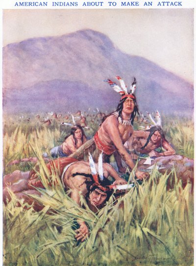 攻撃しようとしているアメリカインディアン (カラーリソ) 作： C. Dudley Tennant