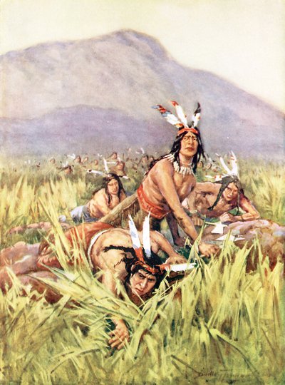 攻撃しようとしているアメリカインディアン (カラーリソ) 作： C. Dudley Tennant
