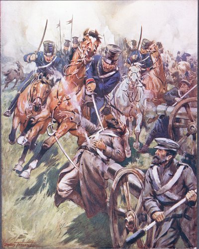 サーベルストロークから巻き上げられたコサックとロシアのリール、「有名な戦いのバラード」のイラスト、1900年頃（カラーリソ） 作： C. Dudley Tennant