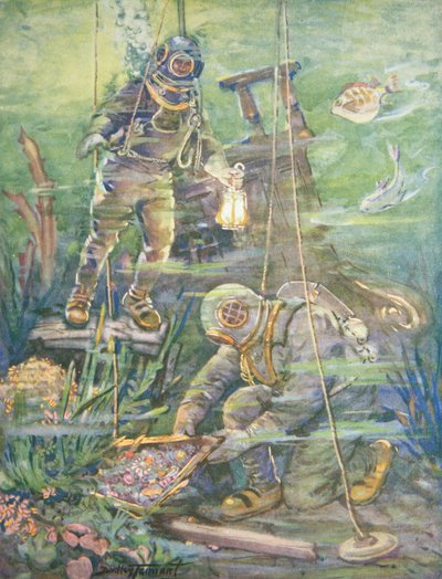 深海のダイバーが沈んだ宝物を見つける、1890 年代頃（カラー リソ） 作： C. Dudley Tennant