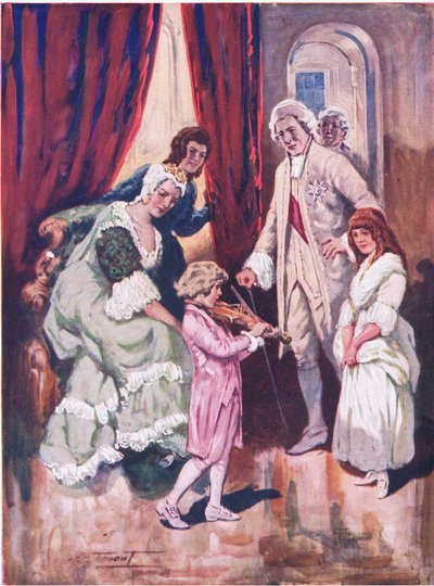 Voittaa kuninkaallisen yleisönsä sydämet: Mozartin ensimmäinen esiintyminen Itävallan hovissa (värilitho) 作： C. Dudley Tennant
