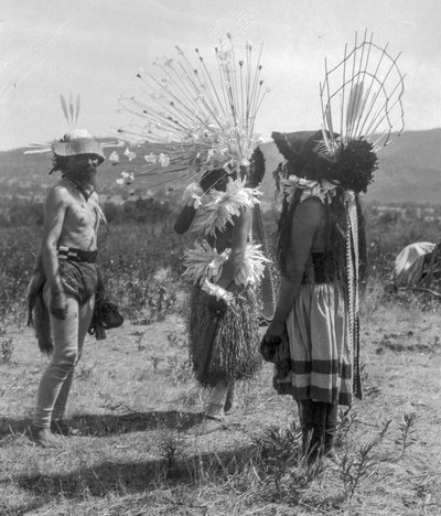 ネイティブ・アメリカンの人々と部族の丸屋根と儀式用衣装、カリフォルニア州 作： C. Hart Merriam