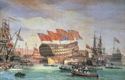 1820年7月チャタムでのHMS「トラファルガー」の打ち上げ 作： C. John Mayle Whichelo
