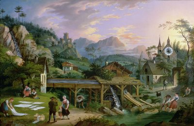 教会の塔に時計のメカニズムがあるアルプスの村の風景の風景が描かれた絵時計、1833年（鉄板に油彩） 作： C. L. Hoffmeister