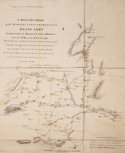 1790年5月26日から12月14日まで、メドウズ少将が指揮した大軍の行進と野営の軍図。 作： C. Mackenzie