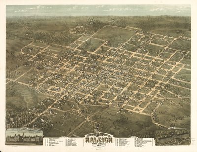 1872 年、ノースカロライナ州ローリー市の鳥瞰図。 作： C. N. Drie