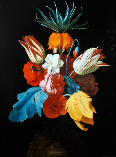 彫刻された花瓶に入った花束（油彩・パネル） 作： C. van der Radt