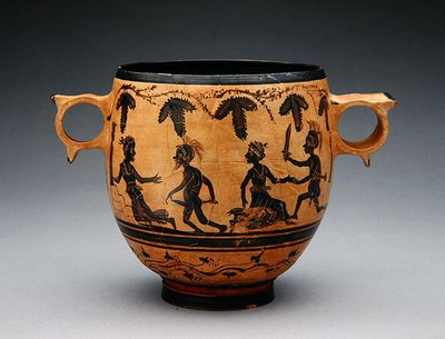 パロディシーンのあるスカイフォス、紀元前430～410年頃（陶磁器）（307555も参照） 作： Cabirian