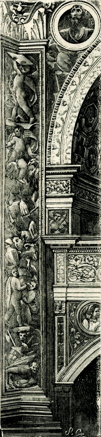 Callisto Piazza (ca 1500-1561 または 1562) によって装飾されたピラスター ストリップ、Tempio Civico della Beata Vergine Incoronata (Temple of Blessed Virgin Mary Crowned)、ロディ、ロンバルディア、イタリア、木版画 作： Callisto Piazza