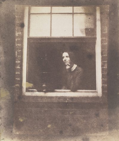 1840年代後半、鳥かごを持った開いた窓の女性。 作： Calvert Jones