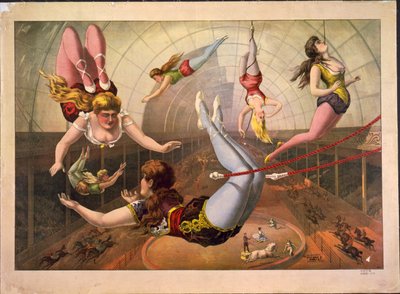 サーカスの台形にいる女性の曲芸師c。 1890 作： Calvert Litho. Co.