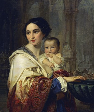 聖水を汲む子供を抱いた母親 作： Camilla Guiscardi