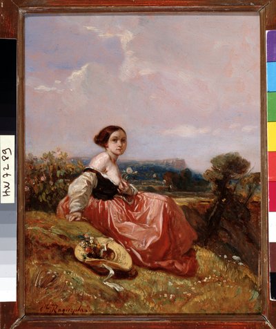 Sainte Mountain Victoire の前で帽子をかぶった少女 Camille Roqueplan (1803-1855) による絵画 Dim. 18x23 cm 必須の言及: プロヴァンス、マルセイユのコレクション財団について 作： Camille Joseph Etienne Roqueplan
