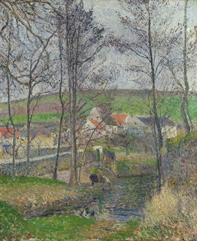 灰色の天気、冬のオスニーでヴィオスネのほとり 作： Camille Jacob Pissarro