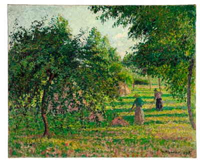 エラニーでのリンゴの木と干し草メーカー、1895 作： Camille Jacob Pissarro