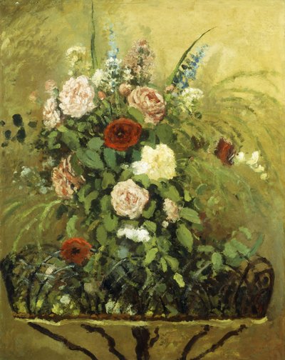 素朴な木製のジャルディニエールと花の花束。素朴な木製プランター付きの花束、c.1876 作： Camille Jacob Pissarro