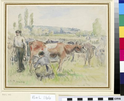 Eragny-sur-Epteでの搾乳シーンの構成研究（紙に黒いチョークでトイレ） 作： Camille Jacob Pissarro