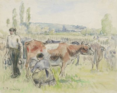Eragny-sur-Epte、1884年の搾乳シーンの組成研究（黒いチョークの上の水彩画） 作： Camille Jacob Pissarro