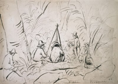 ベネズエラのモンアビラへの小旅行（紙にペンとインクが付いた鉛筆） 作： Camille Jacob Pissarro