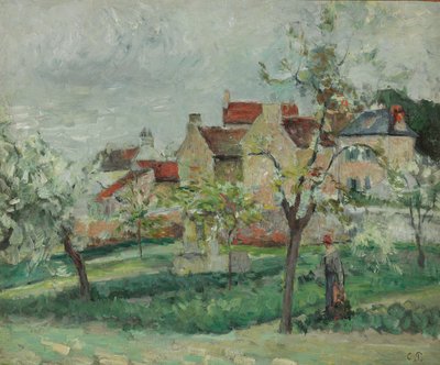 開花梅のトレス、ポントワーズ;梅の花、ポントワーズ、1876年頃 作： Camille Jacob Pissarro