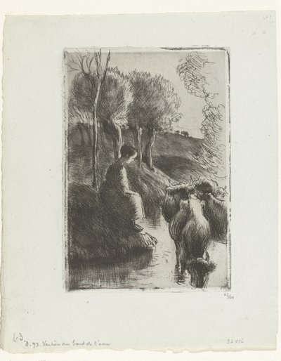 水辺で牛と羊飼い ヴァシェール オー ボール ド ロー 作： Camille Jacob Pissarro
