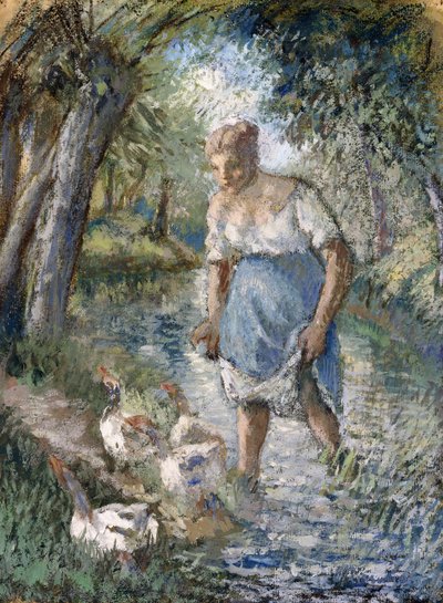 小川を横切る農民、1894年頃 作： Camille Jacob Pissarro