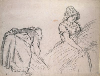2匹の女性の収穫機の研究、1882年（白とピンクの紙に黒いチョーク） 作： Camille Jacob Pissarro