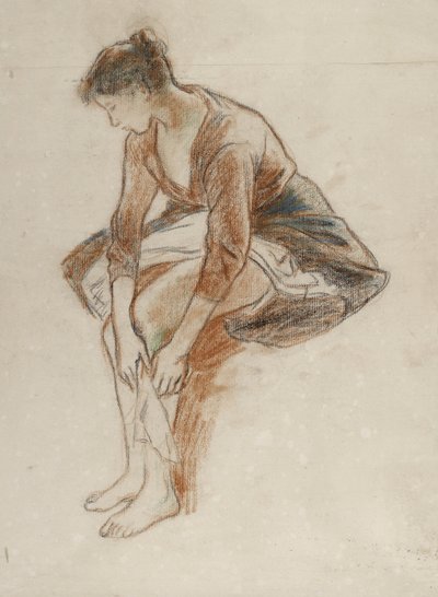 彼女の足を水浴びする若い女性の研究（紙にパステルの色チョーク） 作： Camille Jacob Pissarro