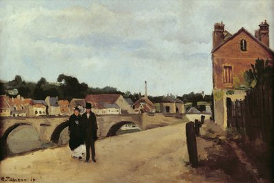 1867年のChemin de lEcluseとポントワーズ橋（パネルに取り付けられたキャンバスに油彩） 作： Camille Jacob Pissarro