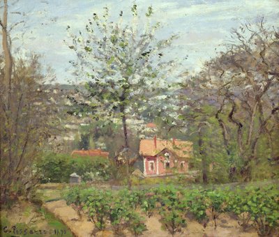 コテージ、またはピンクの家-フライングハートのハムレット、1870 作： Camille Jacob Pissarro