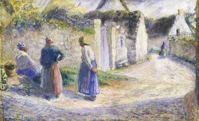 右側に3人がいる村の通り 作： Camille Jacob Pissarro