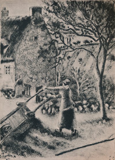 手押し車を空にする女性、1880年頃、1946年 作： Camille Jacob Pissarro